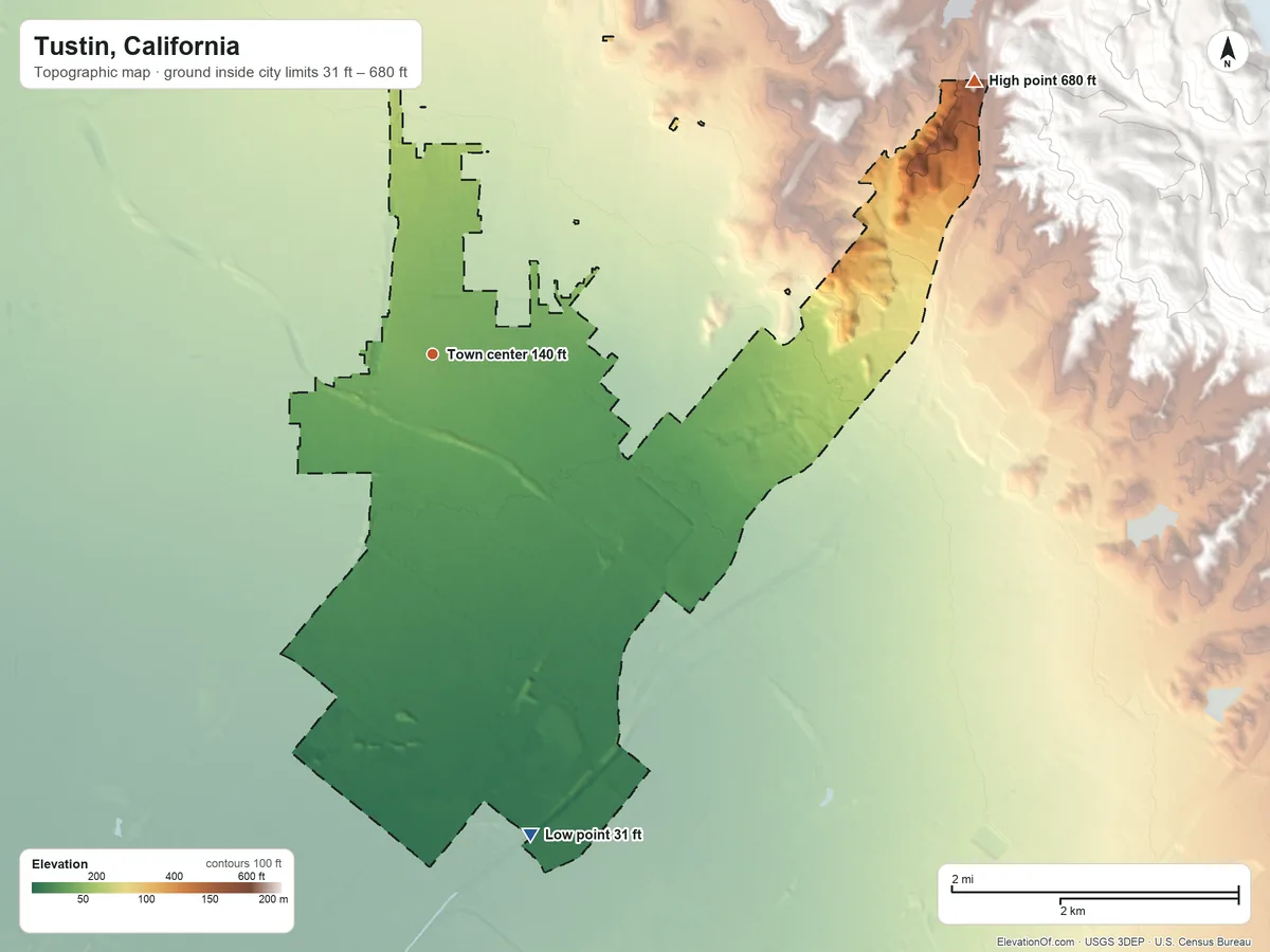 Topographic elevation map of Tustin, California, shaded from 31 ft on the south side to 680 ft at the foot of the Peralta Hills