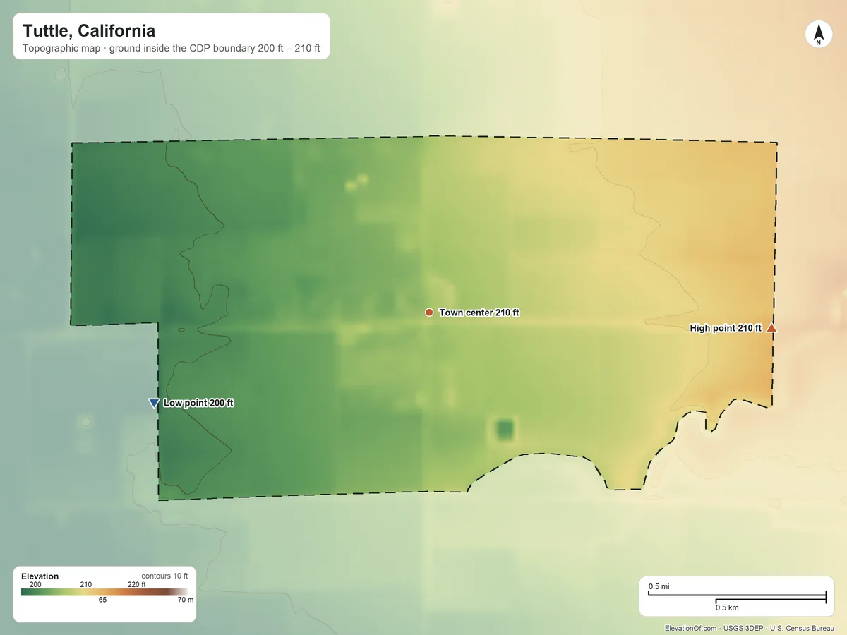 Topographic elevation map of Tuttle, California, shaded from 200 ft on the west side to 210 ft on the east side