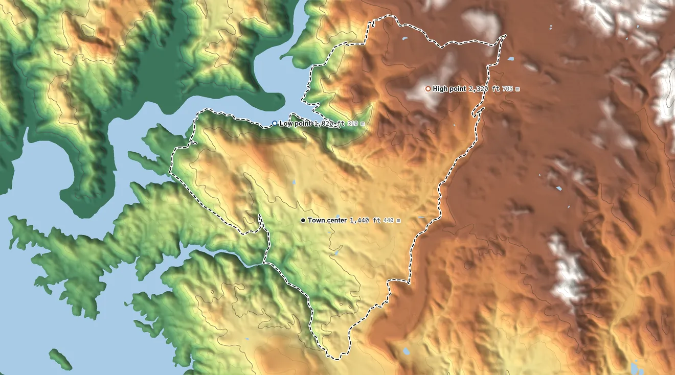 Topographic elevation map of Tuttletown, California, shaded from 1,020 ft on the north side to 2,320 ft on the northeast side