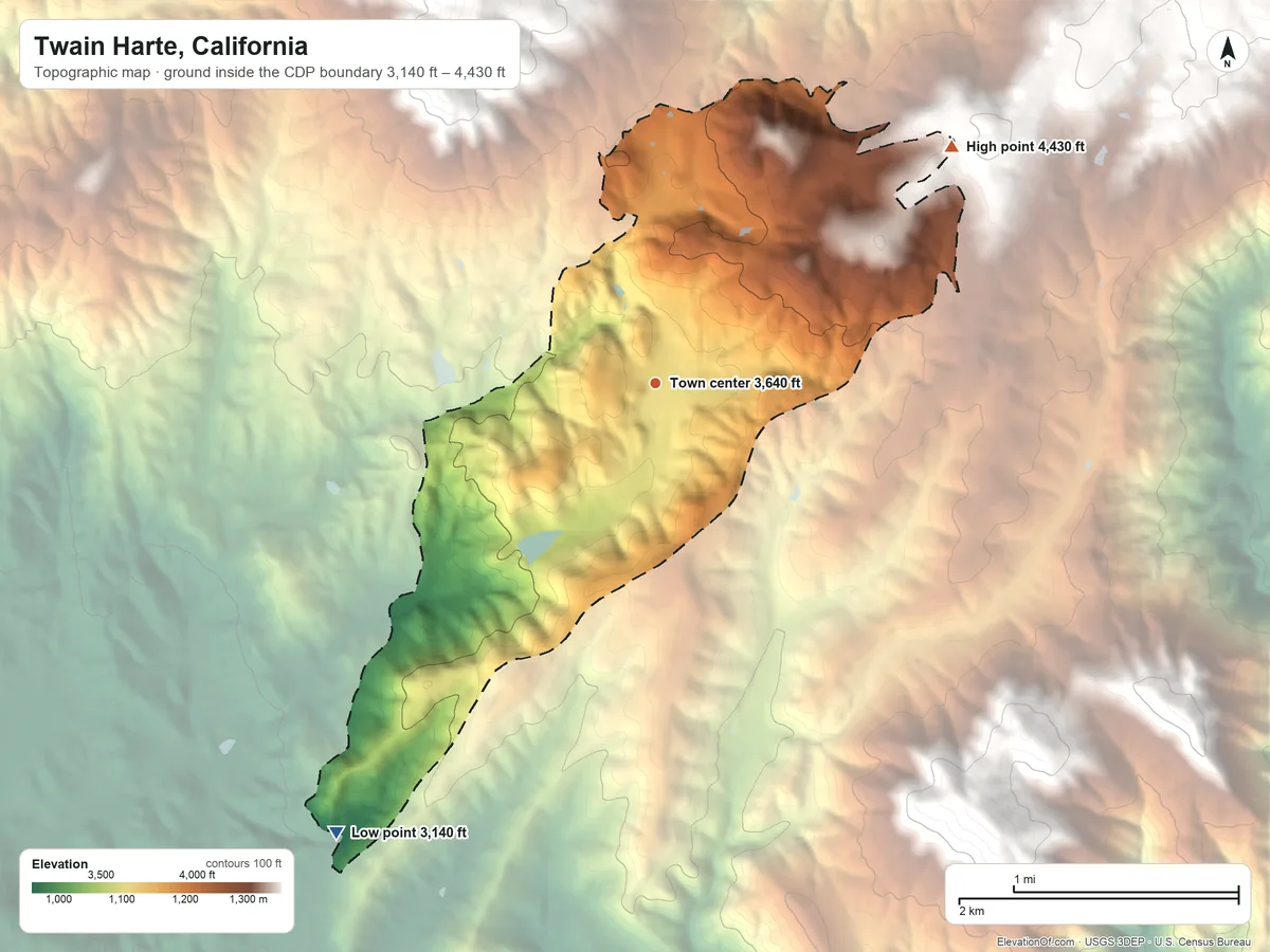 Topographic elevation map of Twain Harte, California, shaded from 3,140 ft on the southwest side to 4,430 ft on the northeast edge, below higher ground just outside