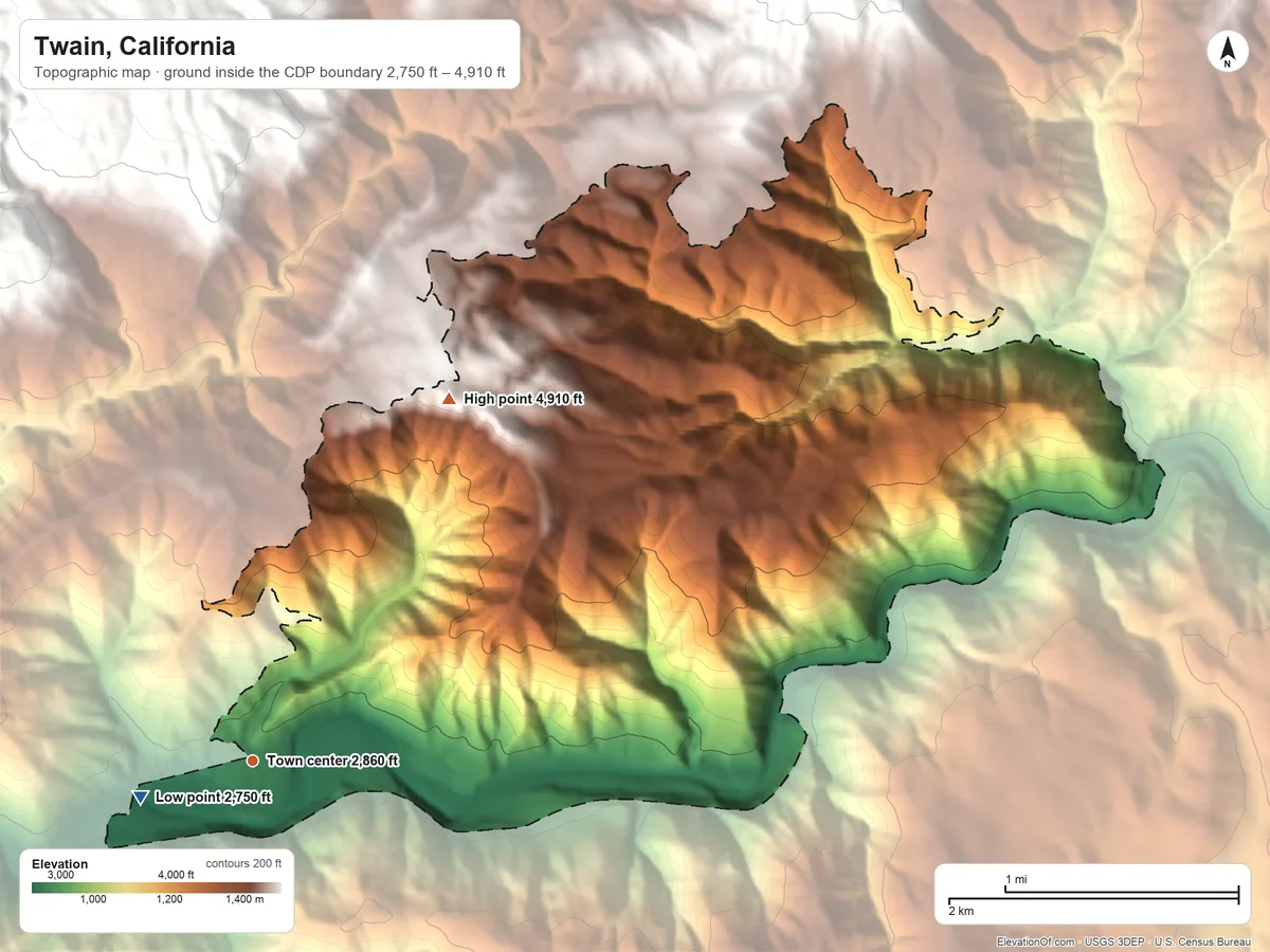 Topographic elevation map of Twain, California, shaded from 2,750 ft near the middle to 4,910 ft on the northeast edge, below higher ground just outside