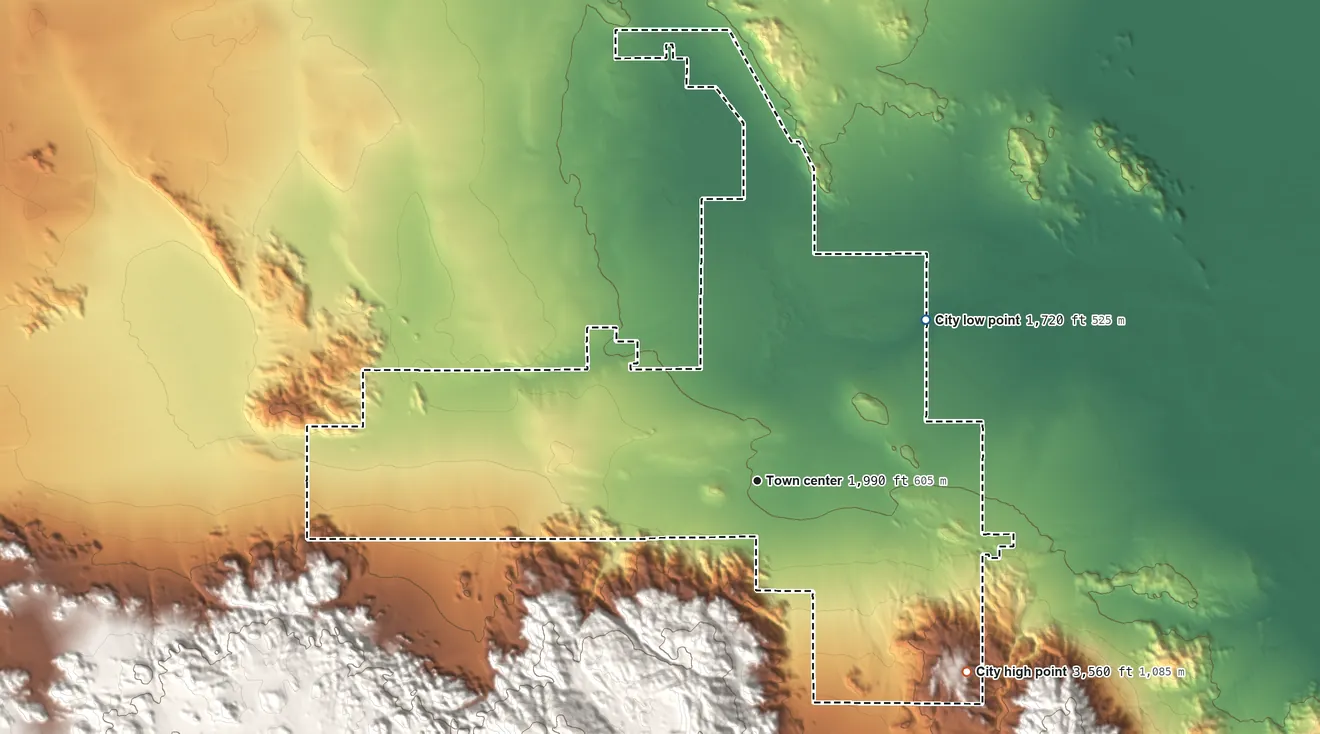 Topographic elevation map of Twentynine Palms, California, shaded from 1,720 ft on the northeast side to 3,560 ft at the foot of the Pinto Mountains