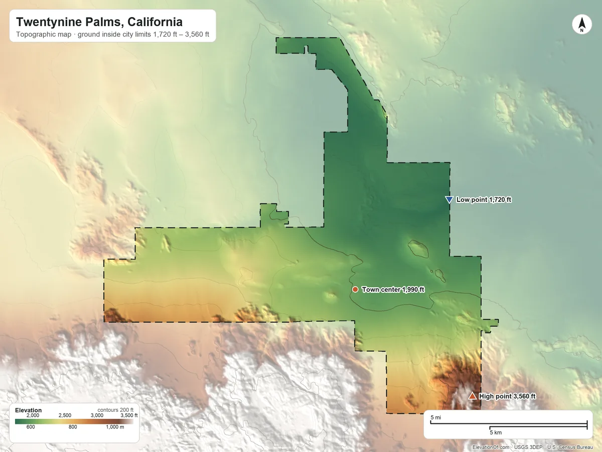 Topographic elevation map of Twentynine Palms, California, shaded from 1,720 ft on the northeast side to 3,560 ft at the foot of the Pinto Mountains
