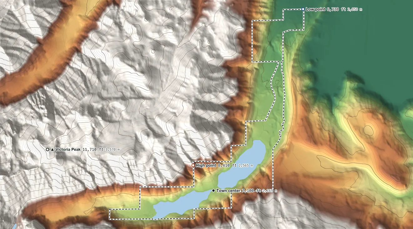Topographic elevation map of Twin Lakes, Mono County, California, shaded from 6,730 ft on the northeast side to 8,410 ft at the foot of the New Range