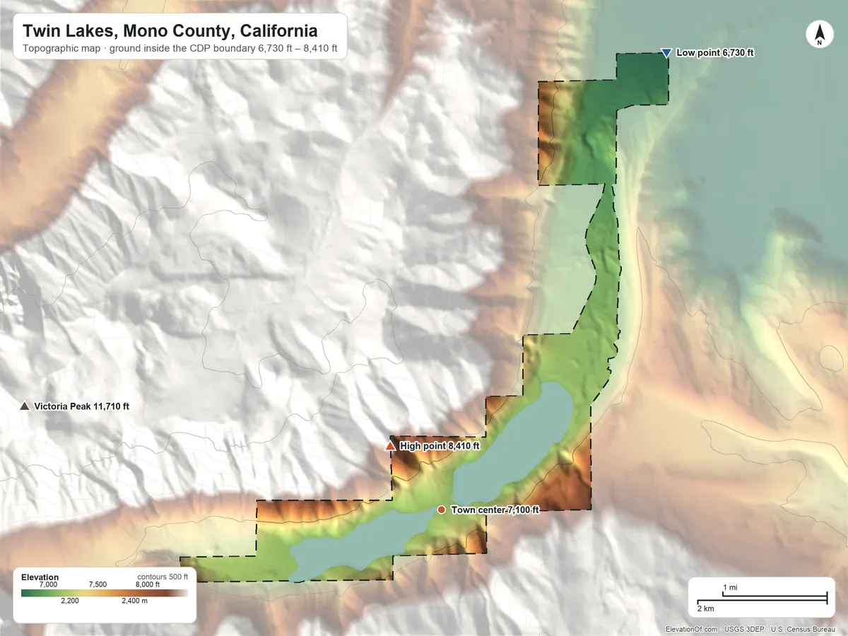 Topographic elevation map of Twin Lakes, Mono County, California, shaded from 6,730 ft on the northeast side to 8,410 ft at the foot of the New Range