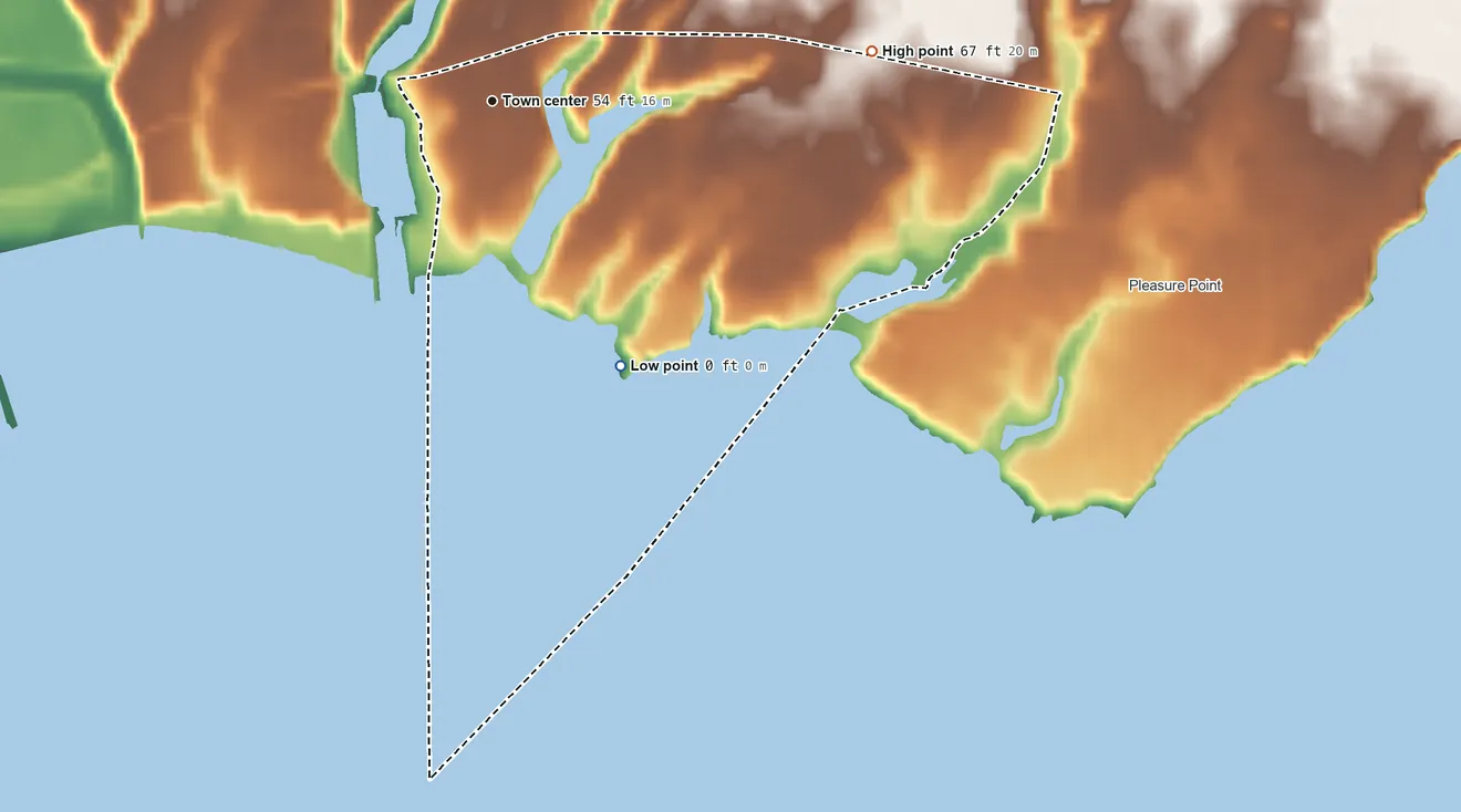 Topographic elevation map of Twin Lakes, California, shaded from sea level level on Monterey Bay to 67 ft on the east side