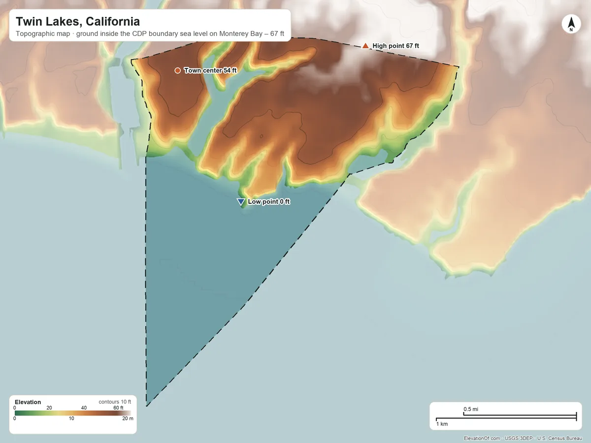 Topographic elevation map of Twin Lakes, California, shaded from sea level level on Monterey Bay to 67 ft on the east side
