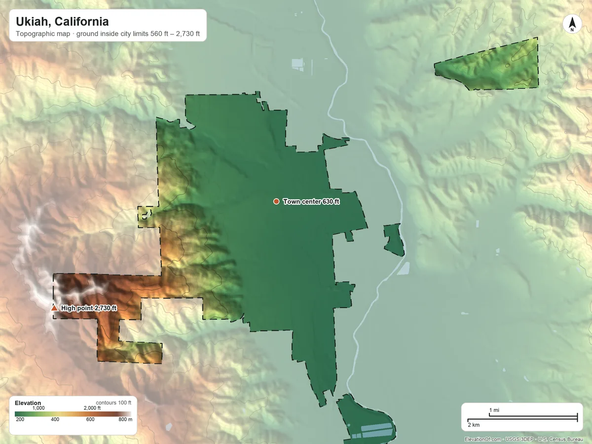 Topographic elevation map of Ukiah, California, shaded from 560 ft on the south side to 2,730 ft on the southwest side