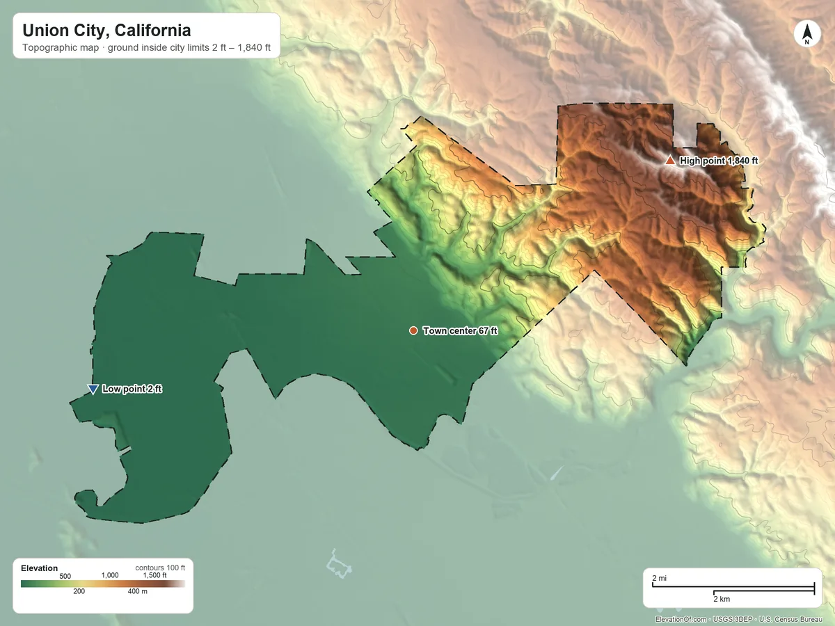 Topographic elevation map of Union City, California, shaded from 2 ft on the west side to 1,840 ft on the northeast side