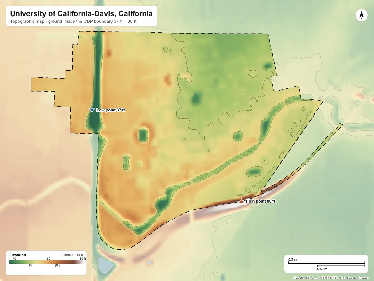 Topographic elevation map of University of California-Davis, California, shaded from 37 ft on the southwest side to 80 ft on the southeast side