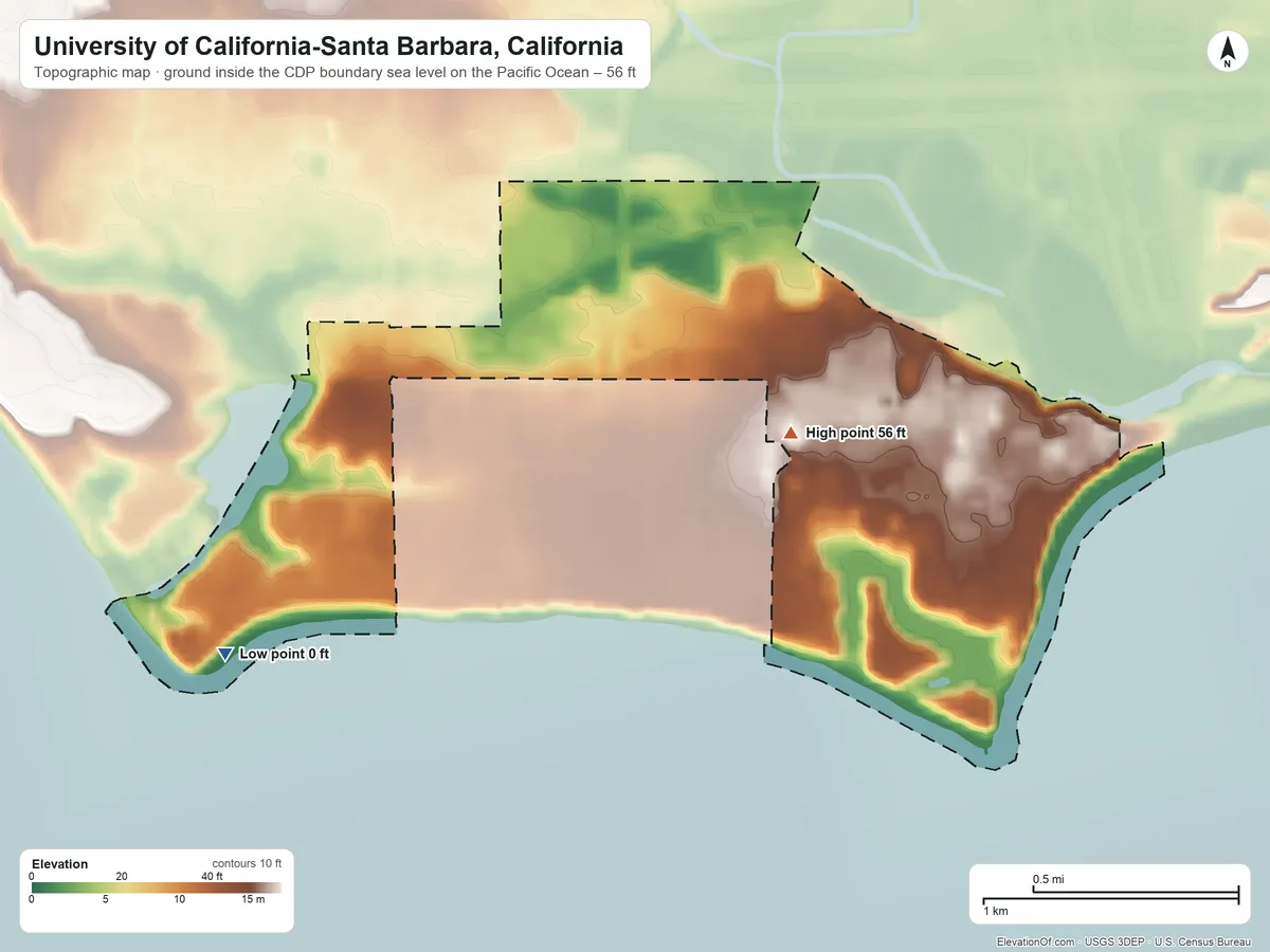 Topographic elevation map of University of California-Santa Barbara, California, shaded from sea level level on the Pacific Ocean to 56 ft on the southeast side
