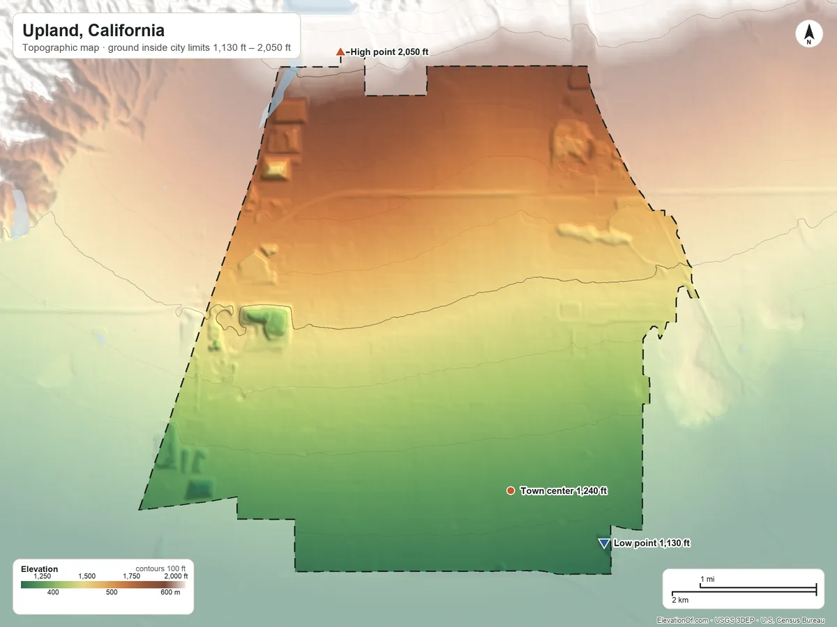 Topographic elevation map of Upland, California, shaded from 1,130 ft on the southeast side to 2,050 ft at the foot of the San Gabriel Mountains