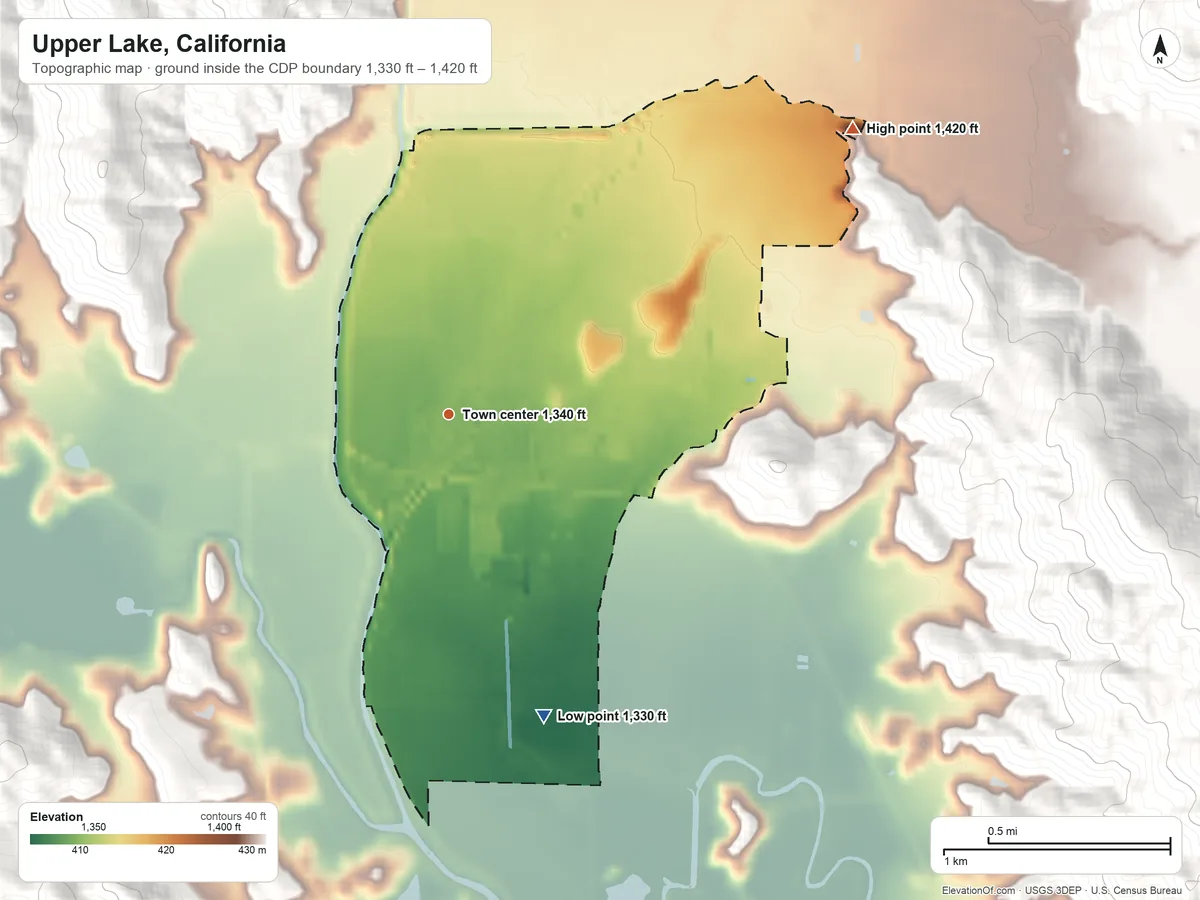 Topographic elevation map of Upper Lake, California, shaded from 1,330 ft on the south side to 1,420 ft on the northeast edge, below higher ground just outside