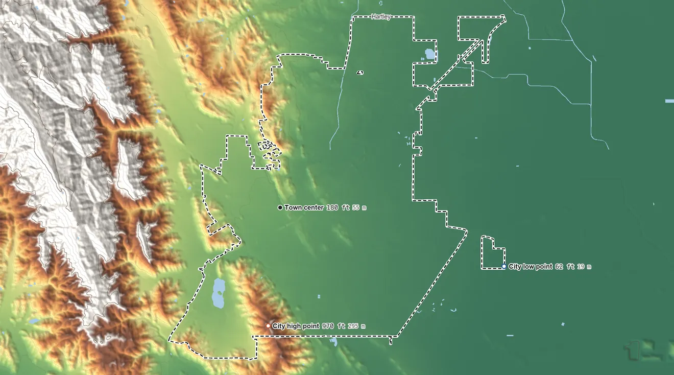 Topographic elevation map of Vacaville, California, shaded from 62 ft on the east side to 970 ft on the south side