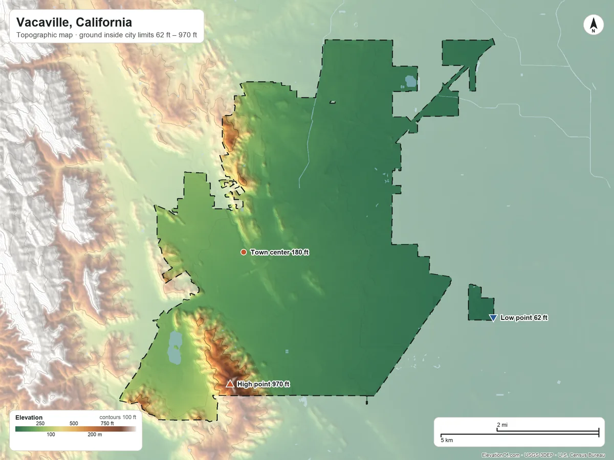Topographic elevation map of Vacaville, California, shaded from 62 ft on the east side to 970 ft on the south side