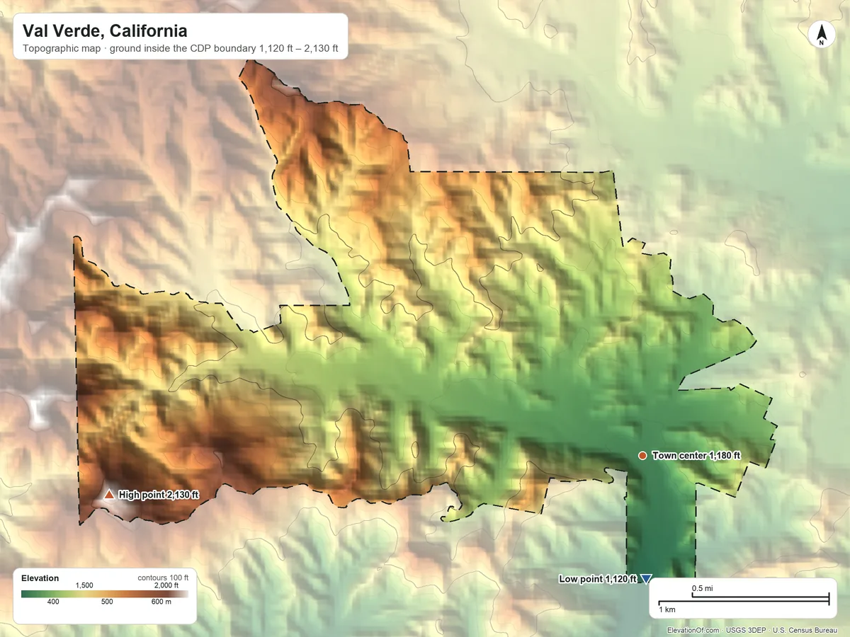 Topographic elevation map of Val Verde, California, shaded from 1,120 ft on the south side to 2,130 ft on the west side