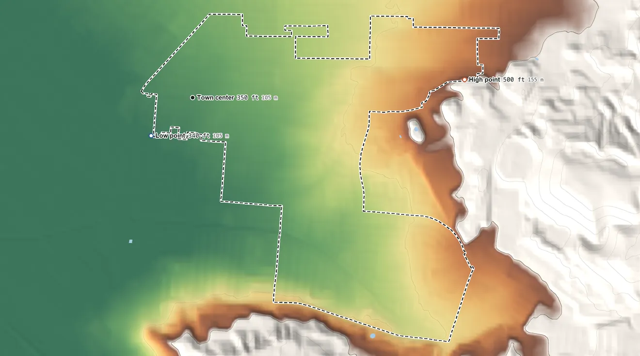 Topographic elevation map of Valinda, California, shaded from 340 ft on the southwest side to 500 ft at the foot of the San Jose Hills