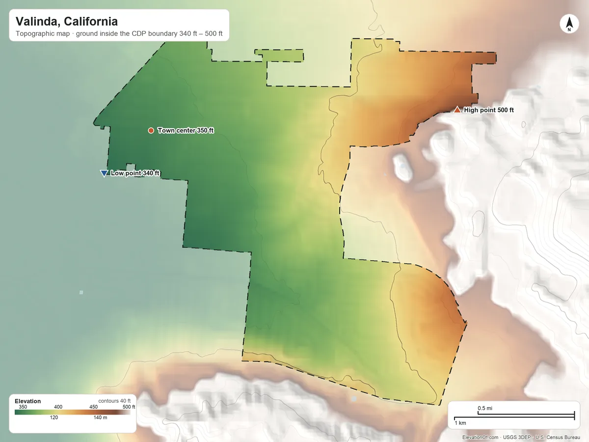 Topographic elevation map of Valinda, California, shaded from 340 ft on the southwest side to 500 ft at the foot of the San Jose Hills