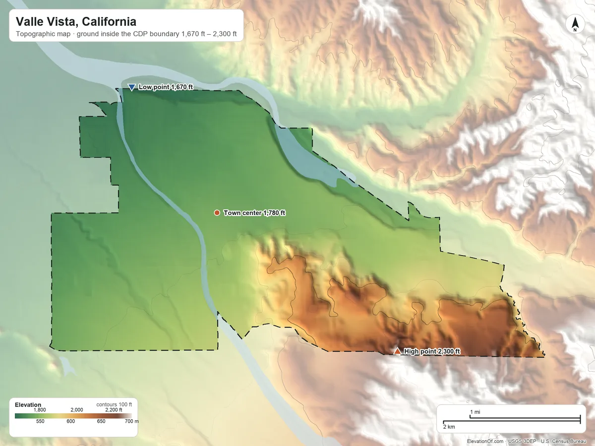 Topographic elevation map of Valle Vista, California, shaded from 1,670 ft on the northwest side to 2,300 ft at the foot of the Santa Rosa Hills