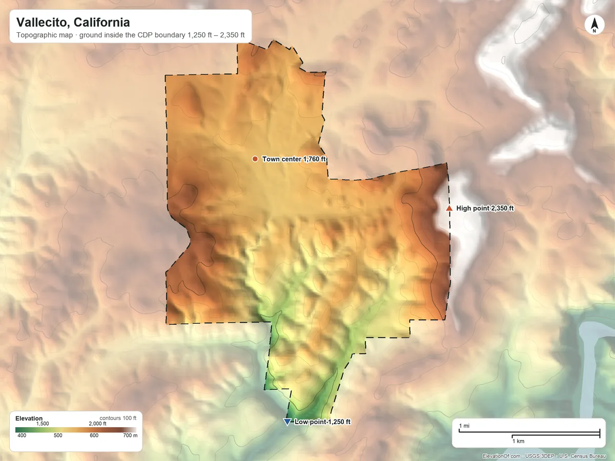 Topographic elevation map of Vallecito, California, shaded from 1,250 ft on the south side to 2,350 ft on the east side