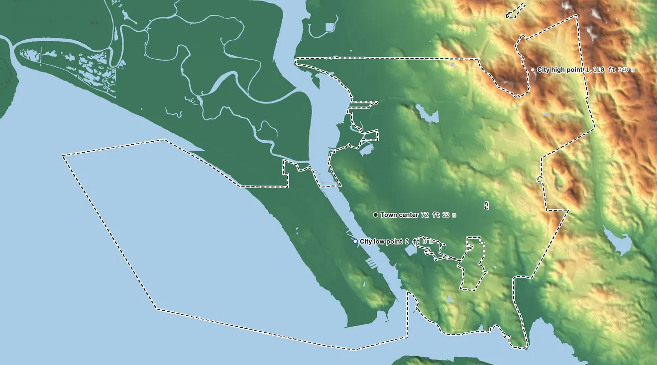 Topographic elevation map of Vallejo, California, shaded from sea level level on the Mare Island Strait to 1,110 ft on Sulphur Springs Mountain