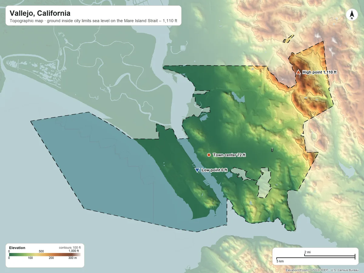 Topographic elevation map of Vallejo, California, shaded from sea level level on the Mare Island Strait to 1,110 ft on Sulphur Springs Mountain