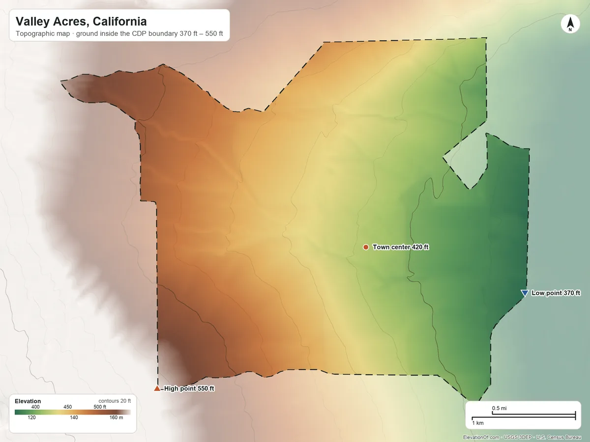 Topographic elevation map of Valley Acres, California, shaded from 370 ft on the east side to 550 ft at the foot of the Buena Vista Hills