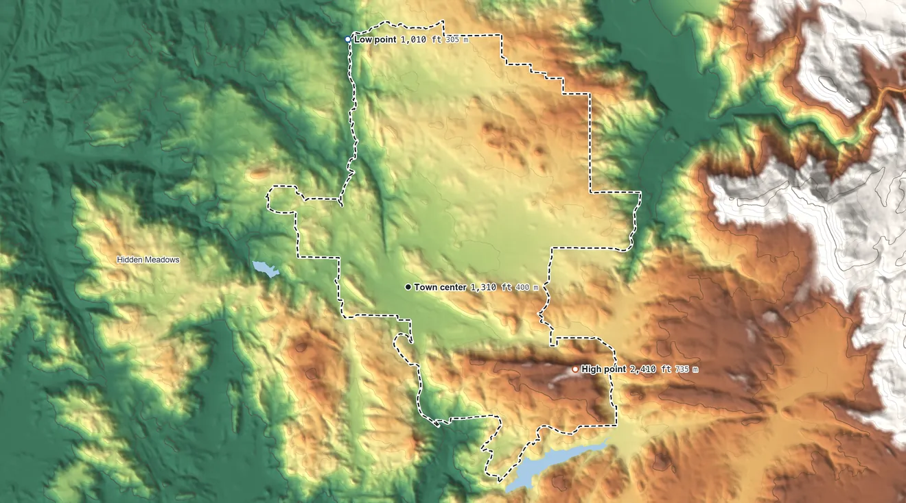 Topographic elevation map of Valley Center, California, shaded from 1,010 ft on the north side to 2,410 ft on the southeast side