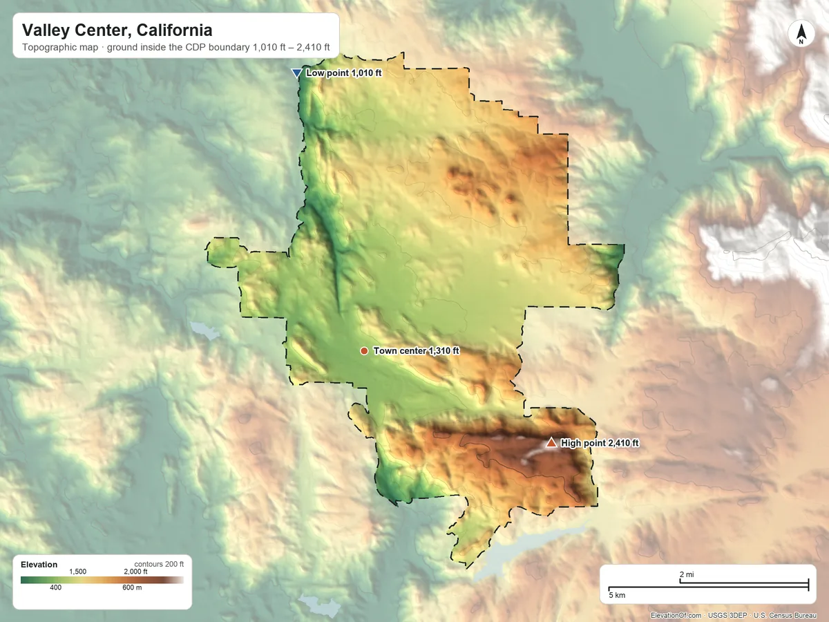 Topographic elevation map of Valley Center, California, shaded from 1,010 ft on the north side to 2,410 ft on the southeast side