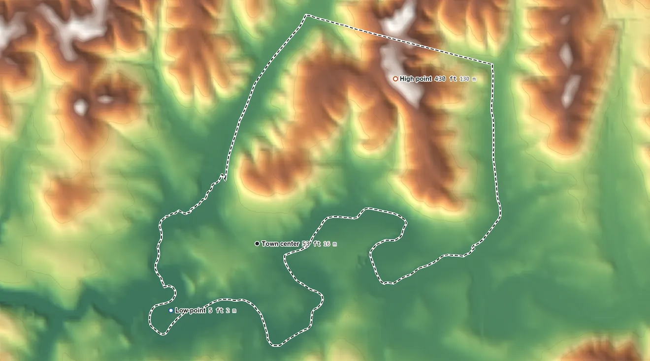 Topographic elevation map of Valley Ford, California, shaded from 5 ft on the southwest side to 430 ft on the northeast side