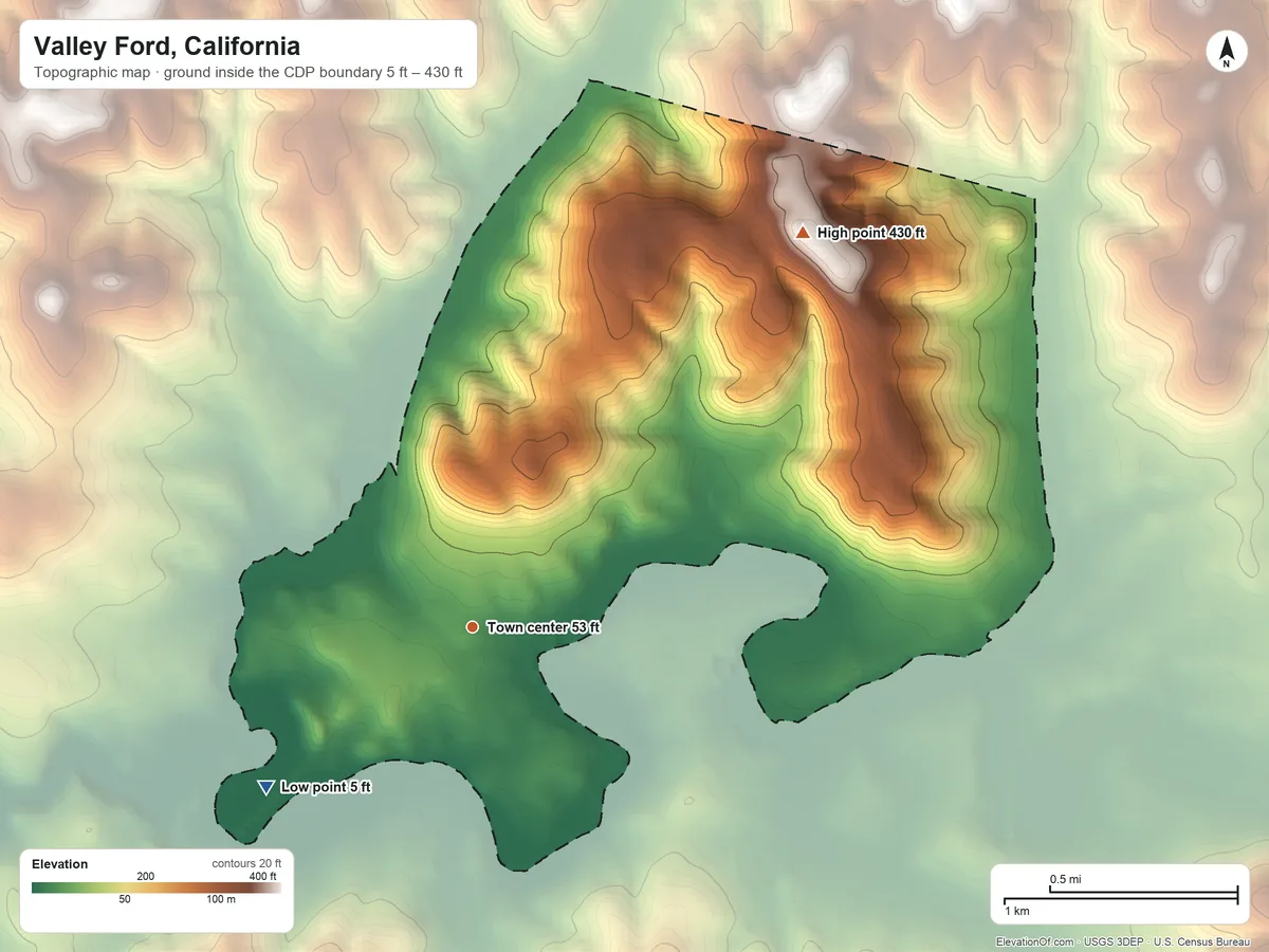 Topographic elevation map of Valley Ford, California, shaded from 5 ft on the southwest side to 430 ft on the northeast side