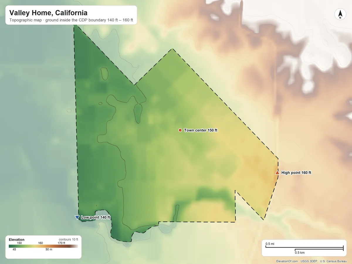 Topographic elevation map of Valley Home, California, shaded from 140 ft on the southwest side to 160 ft on the southeast side