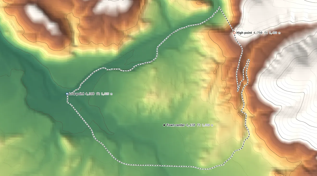 Topographic elevation map of Valley Ranch, California, shaded from 4,380 ft on the west side to 4,790 ft on the northeast edge, below higher ground just outside