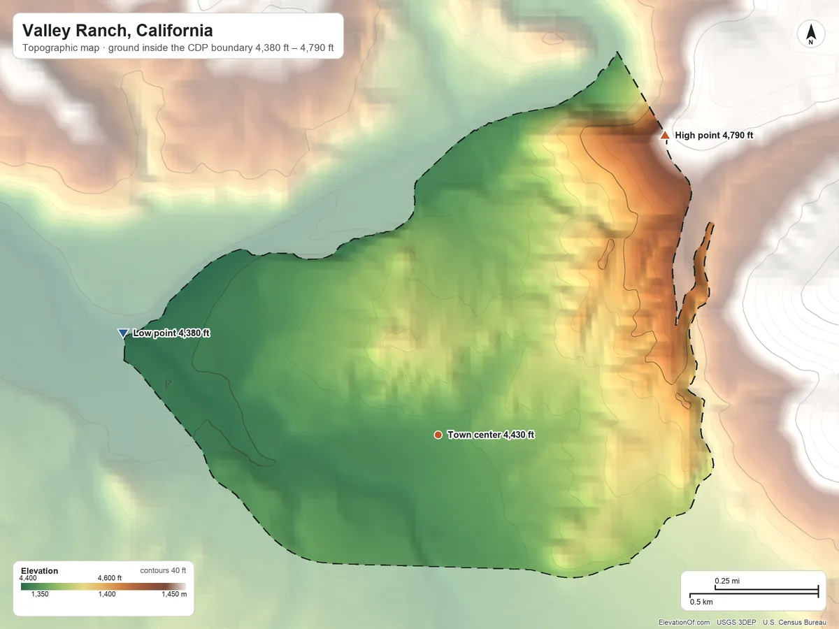 Topographic elevation map of Valley Ranch, California, shaded from 4,380 ft on the west side to 4,790 ft on the northeast edge, below higher ground just outside
