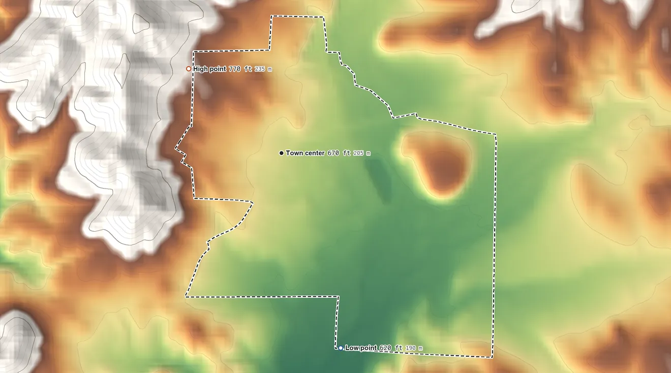 Topographic elevation map of Valley Springs, California, shaded from 620 ft on the south side to 770 ft on the northwest edge, below higher ground just outside