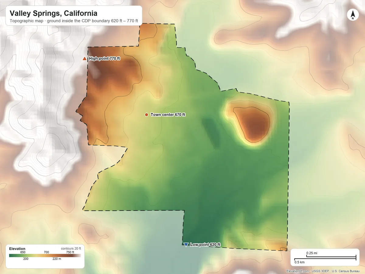 Topographic elevation map of Valley Springs, California, shaded from 620 ft on the south side to 770 ft on the northwest edge, below higher ground just outside