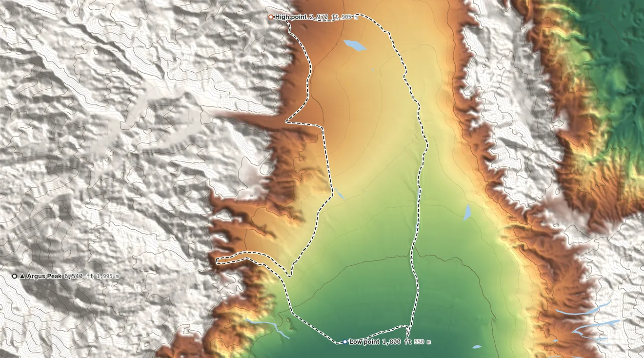 Topographic elevation map of Valley Wells, California, shaded from 1,800 ft on the south side to 2,970 ft at the foot of the Argus Range