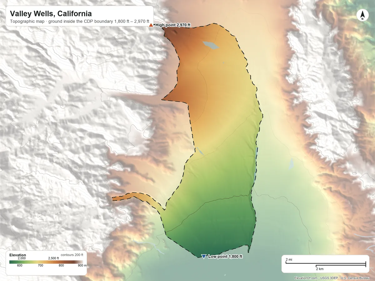 Topographic elevation map of Valley Wells, California, shaded from 1,800 ft on the south side to 2,970 ft at the foot of the Argus Range