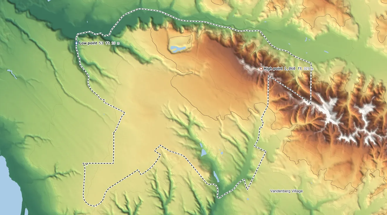 Topographic elevation map of Vandenberg AFB, California, shaded from 53 ft on the northwest side to 1,060 ft on the east side