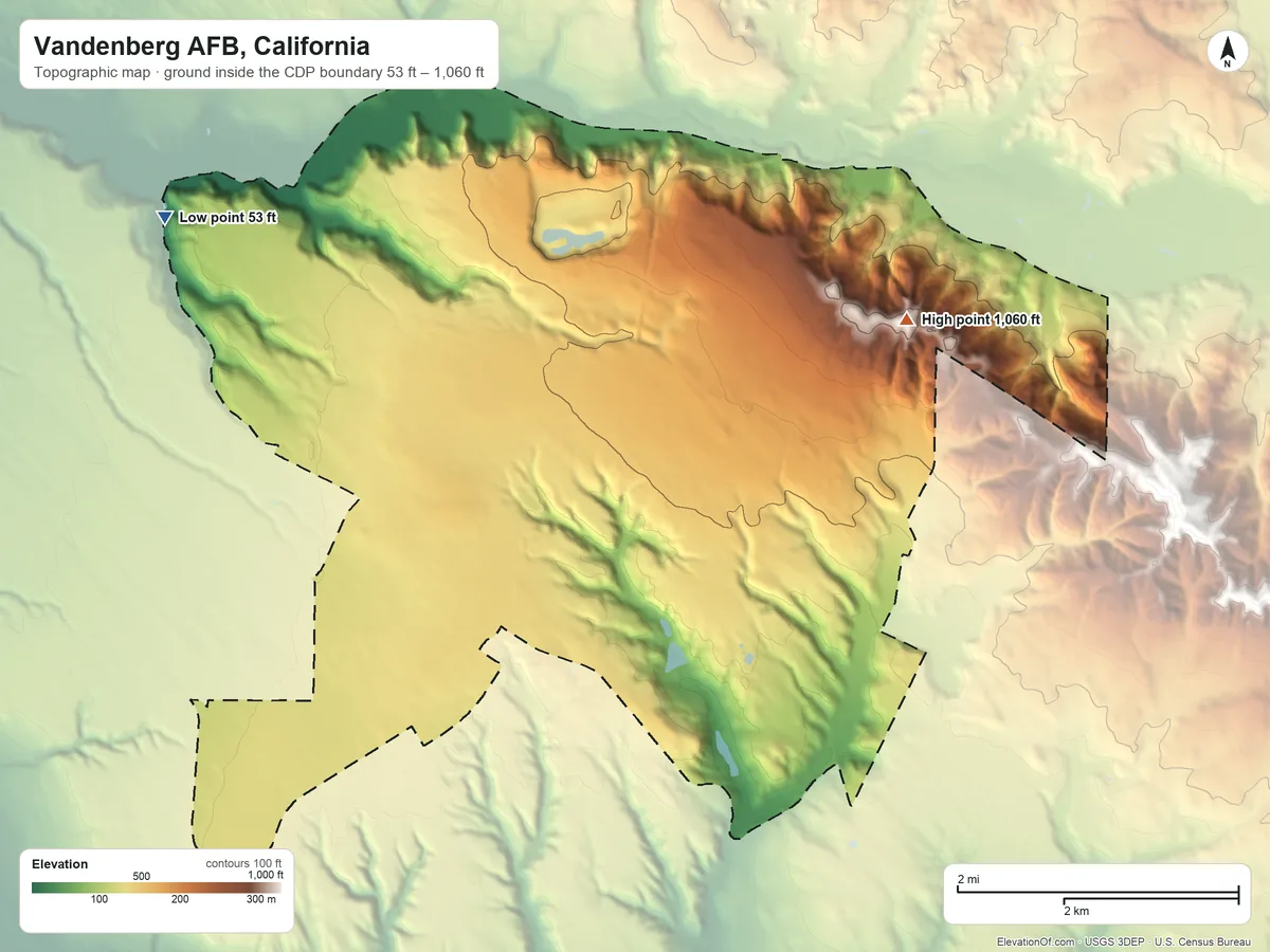 Topographic elevation map of Vandenberg AFB, California, shaded from 53 ft on the northwest side to 1,060 ft on the east side