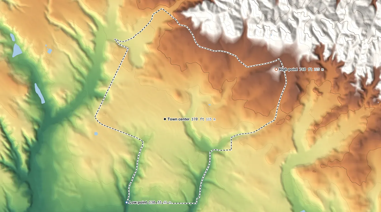 Topographic elevation map of Vandenberg Village, California, shaded from 130 ft on the southwest side to 740 ft at the foot of the White Hills