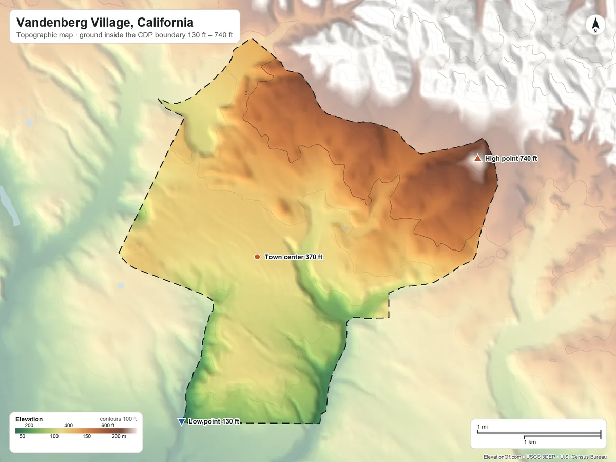 Topographic elevation map of Vandenberg Village, California, shaded from 130 ft on the southwest side to 740 ft at the foot of the White Hills