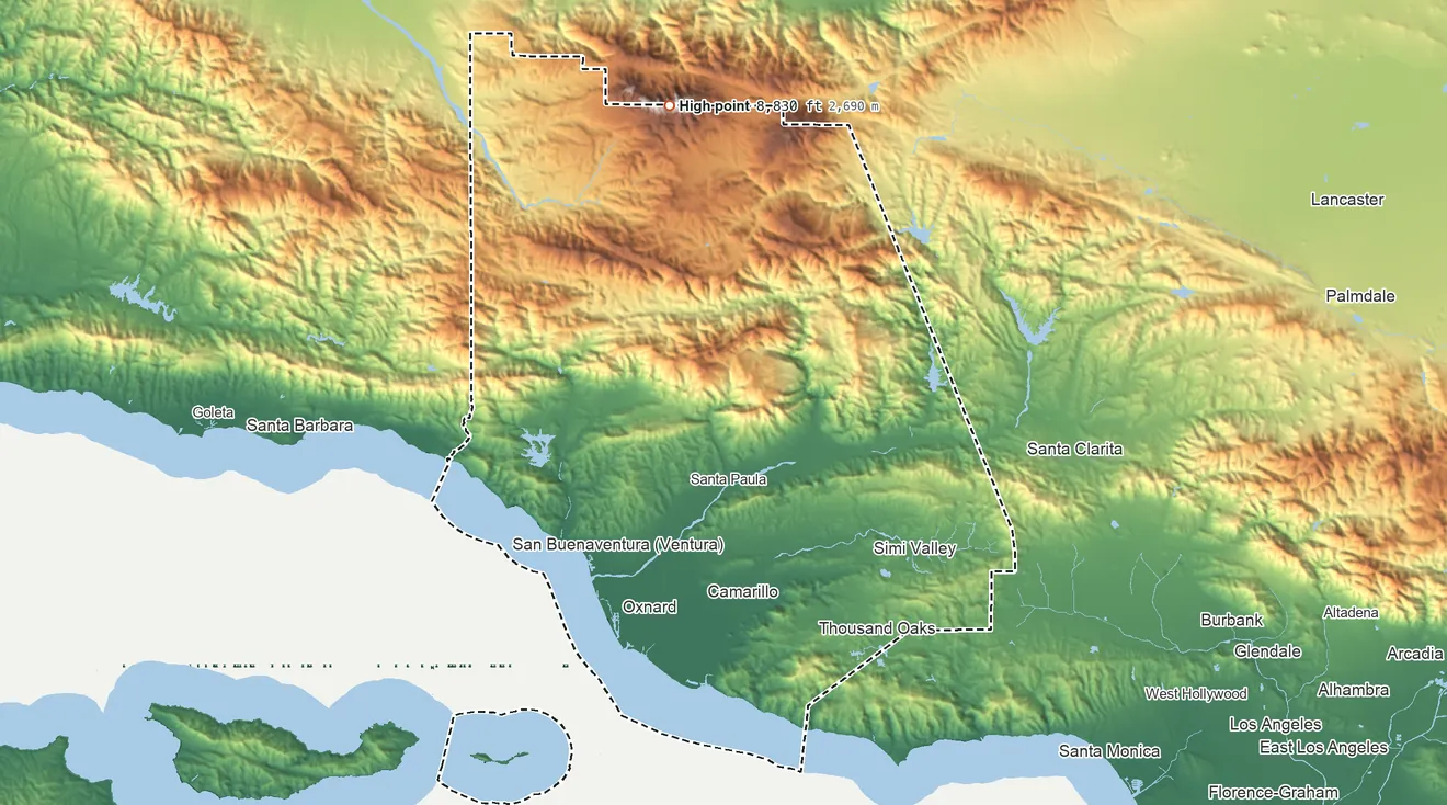 Topographic elevation map of Ventura County, California, shaded from sea level on the Pacific Ocean to 8,830 ft on Mount Pinos