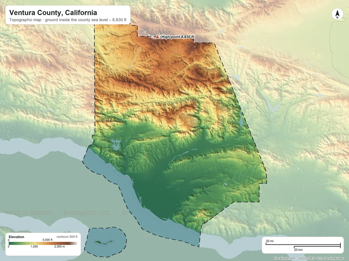 Topographic elevation map of Ventura County, California, shaded from sea level on the Pacific Ocean to 8,830 ft on Mount Pinos
