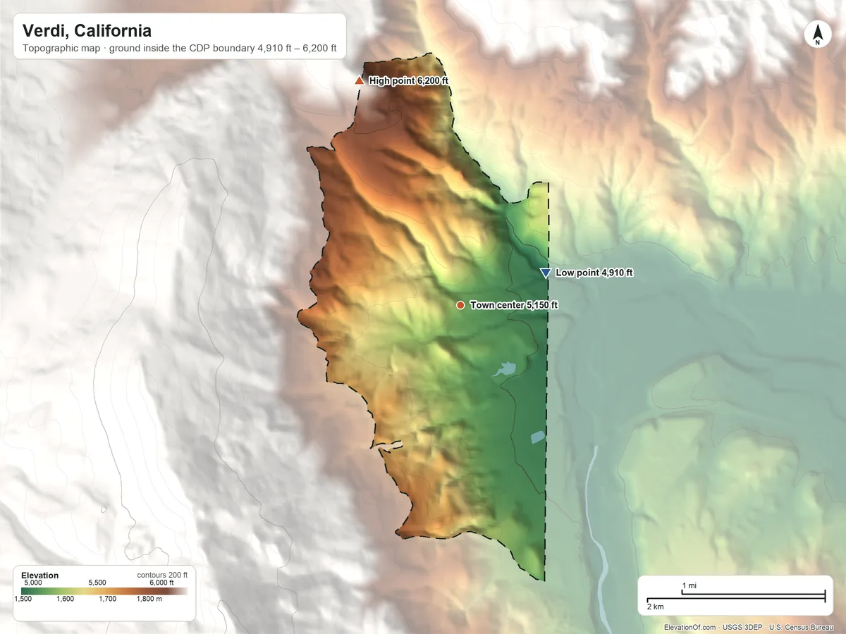 Topographic elevation map of Verdi, California, shaded from 4,910 ft on the east side to 6,200 ft at the foot of the Verdi Range