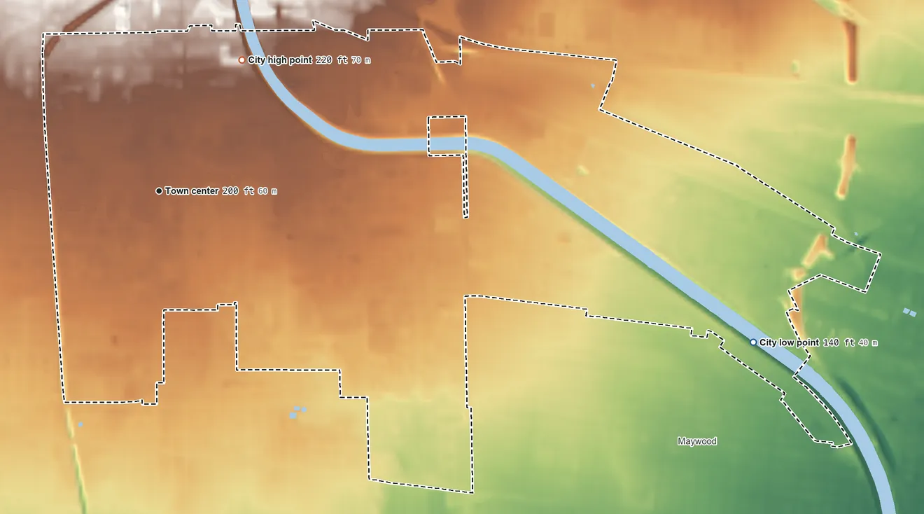 Topographic elevation map of Vernon, California, shaded from 140 ft on the east side to 220 ft on the northeast side