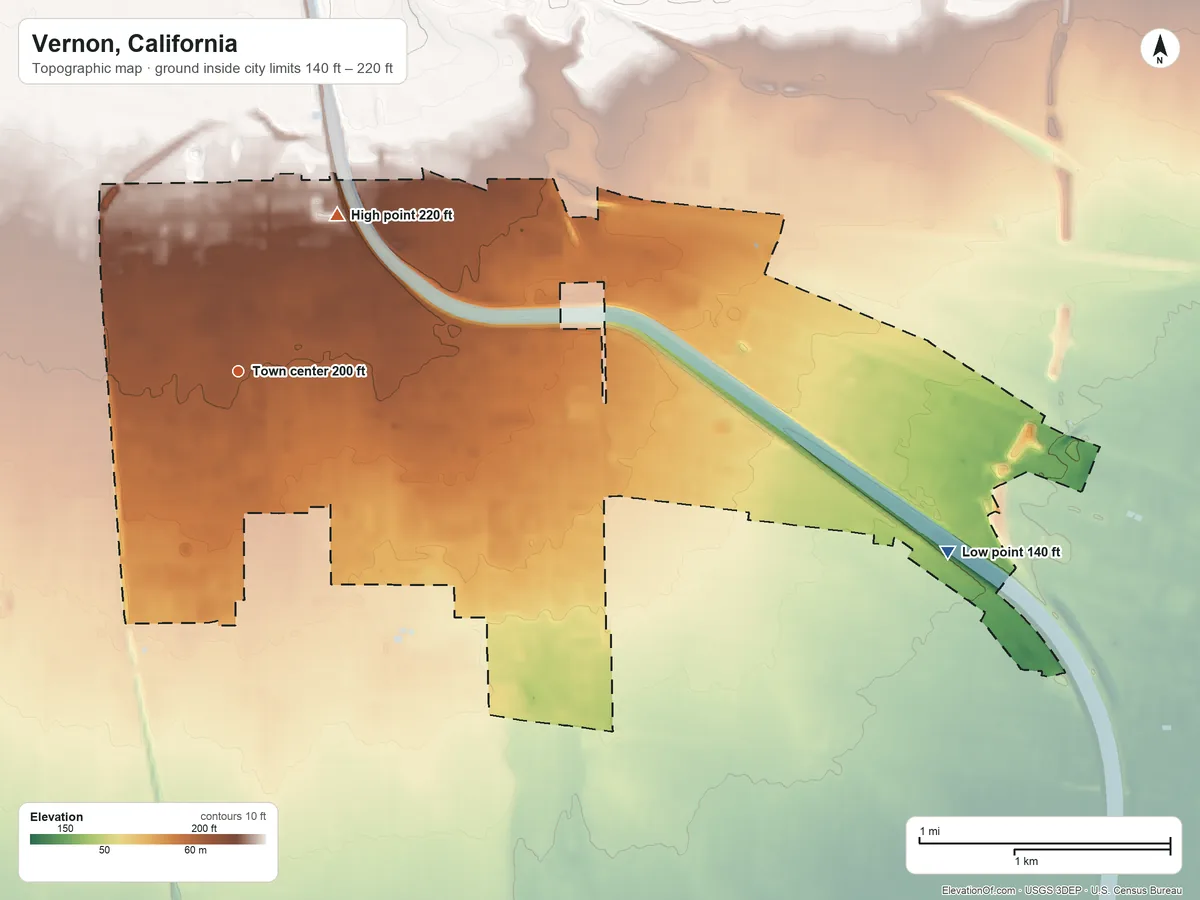 Topographic elevation map of Vernon, California, shaded from 140 ft on the east side to 220 ft on the northeast side