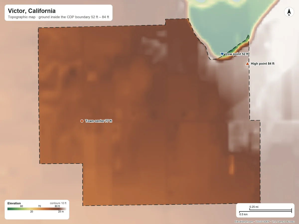 Topographic elevation map of Victor, California, shaded from 52 ft on the northeast side to 84 ft on the east side
