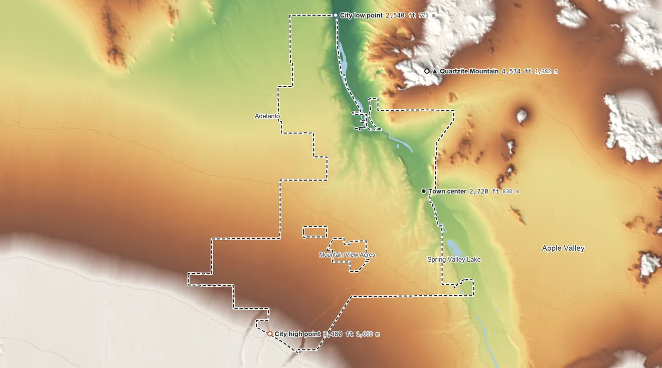 Topographic elevation map of Victorville, California, shaded from 2,540 ft on the northwest side to 3,480 ft on the southwest side