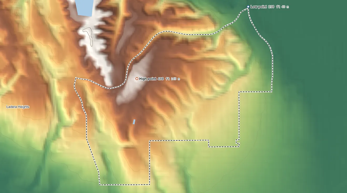 Topographic elevation map of View Park-Windsor Hills, California, shaded from 130 ft on the northeast side to 480 ft on the west side